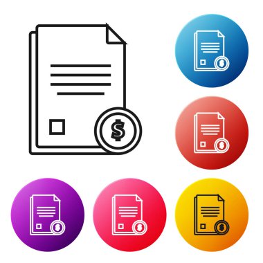 Beyaz arka planda yalıtılmış siyah çizgi Finans belge simgesi. Fatura veya fatura kavramı için dolar sikke ile Kağıt banka belgesi. Simgeleri renkli daire düğmeleri ayarlayın. Vektör İllüstrasyonu