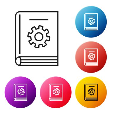 Siyah çizgi Beyaz arka planda yalıtılmış kullanım kılavuzu simgesi. Kullanım kılavuzu kitabı. Talimat işareti. Kullanmadan önce okuyun. Simgeleri renkli daire düğmeleri ayarlayın. Vektör İllüstrasyonu