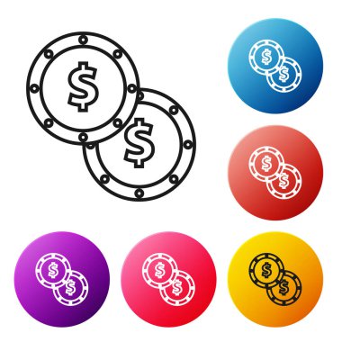 Beyaz arka planda izole dolar sembolü simgesi ile Siyah hat Sikke para. Bankacılık para birimi işareti. Nakit sembolü. Simgeleri renkli daire düğmeleri ayarlayın. Vektör İllüstrasyonu