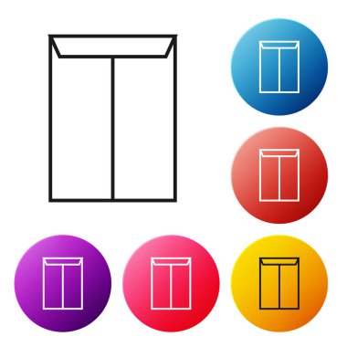 Beyaz arka planda yalıtılmış siyah çizgi Zarf simgesi. E-posta ileti mektubu simgesi. Simgeleri renkli daire düğmeleri ayarlayın. Vektör İllüstrasyonu