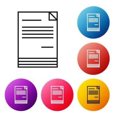 Beyaz arka planda yalıtılmış siyah çizgi Belge simgesi. Dosya simgesi. Denetim listesi simgesi. İş konsepti. Simgeleri renkli daire düğmeleri ayarlayın. Vektör İllüstrasyonu