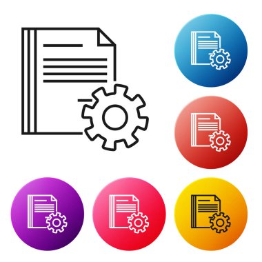 Beyaz arka planda yalıtılmış dişlisimgesine sahip siyah çizgi Belge ayarları. Yazılım güncellemesi, transfer protokolü, takım çalışması araç yönetimi. Simgeleri renkli daire düğmeleri ayarlayın. Vektör İllüstrasyonu