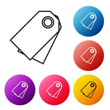 Siyah çizgi Boş etiket şablonu fiyat etiketi simgesi beyaz arka planda yalıtılmış. Boş alışveriş indirim etiketi. Şablon indirim başlığı. Simgeleri renkli daire düğmeleri ayarlayın. Vektör İllüstrasyonu