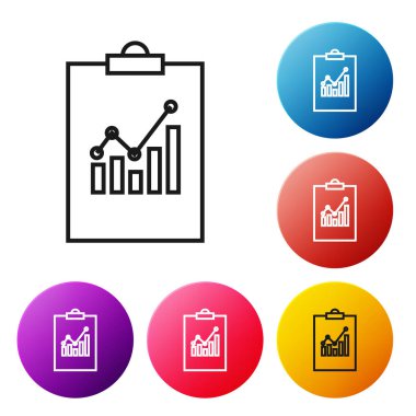 Grafik grafik simgesi beyaz arka planda yalıtılmış siyah çizgi Panosu. Metin dosyası simgesini bildirin. Muhasebe işareti. Denetim, analiz, planlama. Simgeleri renkli daire düğmeleri ayarlayın. Vektör İllüstrasyonu