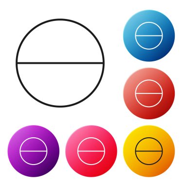 Siyah çizgi Tıp hap veya tablet simgesi beyaz arka plan üzerinde izole. Kapsül hapı ve ilaç işareti. Eczane tasarımı. Simgeleri renkli daire düğmeleri ayarlayın. Vektör İllüstrasyonu