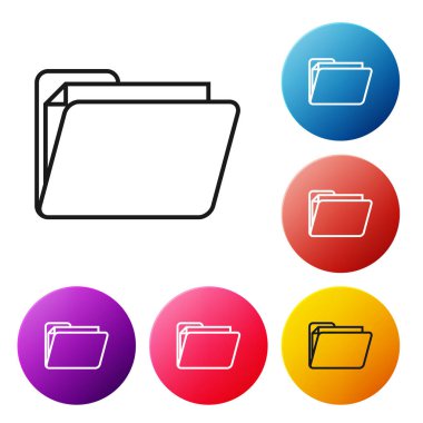 Beyaz arkaplanda siyah çizgi dosya klasörü simgesi izole edildi. Muhasebe klasörü sembolü. Muhasebe yönetimi. Renkli daire düğmelerini ayarlayın. Vektör İllüstrasyonu