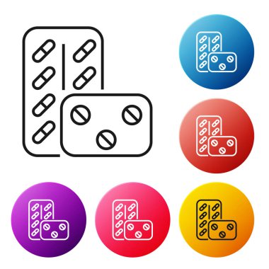 Beyaz arka planda izole blister paketi simgesi siyah çizgi Pills. Tablet için tıbbi ilaç paketi: vitamin, antibiyotik, aspirin. Simgeleri renkli daire düğmeleri ayarlayın. Vektör İllüstrasyonu