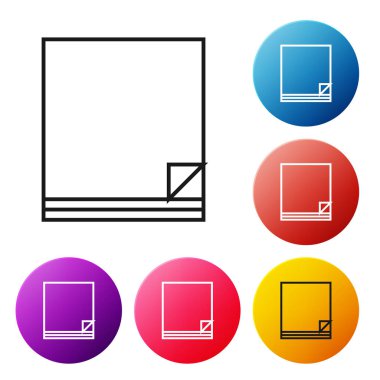 Beyaz arka planda yalıtılmış siyah satır Dosya belge simgesi. Denetim listesi simgesi. İş konsepti. Simgeleri renkli daire düğmeleri ayarlayın. Vektör İllüstrasyonu