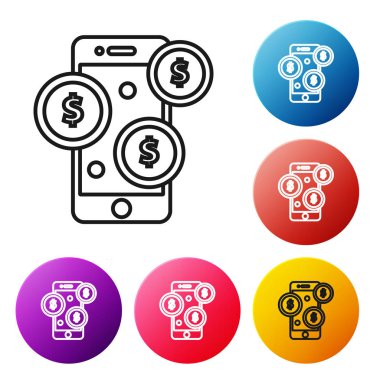 Beyaz arka planda izole edilmiş dolar sembolü simgesine sahip siyah çizgi Smartphone. Online alışveriş konsepti. Finansal cep telefonu simgesi. Online ödeme. Simgeleri renkli daire düğmeleri ayarlayın. Vektör İllüstrasyonu