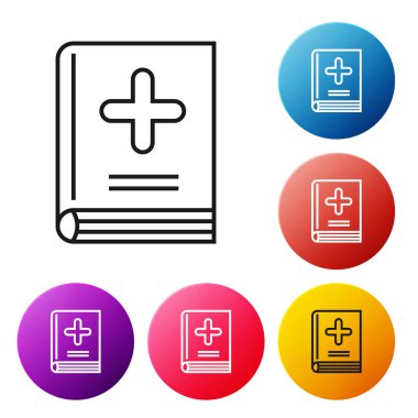 Siyah çizgi Tıp kitap simgesi beyaz arka plan üzerinde izole. Simgeleri renkli daire düğmeleri ayarlayın. Vektör İllüstrasyonu