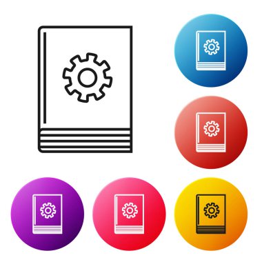 Siyah çizgi Beyaz arka planda yalıtılmış kullanım kılavuzu simgesi. Kullanım kılavuzu kitabı. Talimat işareti. Kullanmadan önce okuyun. Simgeleri renkli daire düğmeleri ayarlayın. Vektör İllüstrasyonu