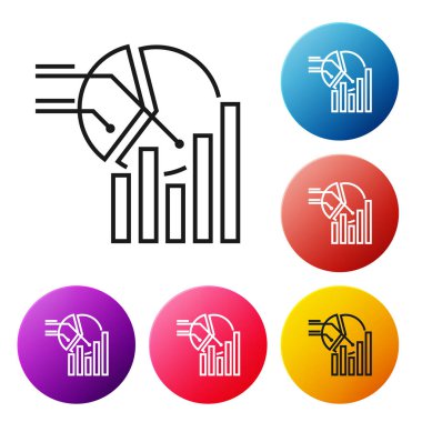 Siyah çizgi Pasta grafik infografik simgesi beyaz arka planda yalıtılmış. Diyagram grafik işareti. Simgeleri renkli daire düğmeleri ayarlayın. Vektör İllüstrasyonu