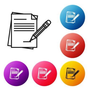 Siyah çizgi Boş defter ve beyaz arka plan üzerinde izole silgi simgesi ile kalem. Kağıt ve kalem. Simgeleri renkli daire düğmeleri ayarlayın. Vektör İllüstrasyonu