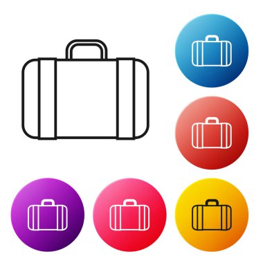 Seyahat simgesi için siyah bavul beyaz arkaplanda izole edildi. Seyahat bagaj tabelası. Seyahat bagaj ikonu. Renkli daire düğmelerini ayarlayın. Vektör İllüstrasyonu