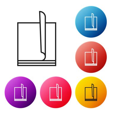 Beyaz arka planda yalıtılmış siyah satır Dosya belge simgesi. Denetim listesi simgesi. İş konsepti. Simgeleri renkli daire düğmeleri ayarlayın. Vektör İllüstrasyonu