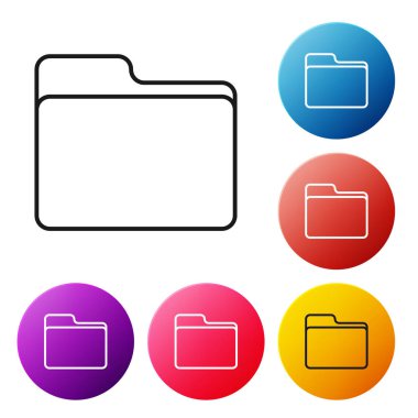 Beyaz arkaplanda siyah çizgi dosya klasörü simgesi izole edildi. Muhasebe klasörü sembolü. Muhasebe yönetimi. Renkli daire düğmelerini ayarlayın. Vektör İllüstrasyonu