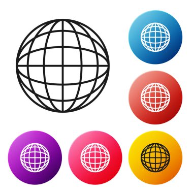 Siyah çizgi Dünya dünya simgesi beyaz arka plan üzerinde izole. Dünya veya Dünya işareti. Küresel internet sembolü. Geometrik şekiller. Simgeleri renkli daire düğmeleri ayarlayın. Vektör İllüstrasyonu