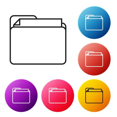 Beyaz arkaplanda siyah çizgi dosya klasörü simgesi izole edildi. Muhasebe klasörü sembolü. Muhasebe yönetimi. Renkli daire düğmelerini ayarlayın. Vektör İllüstrasyonu