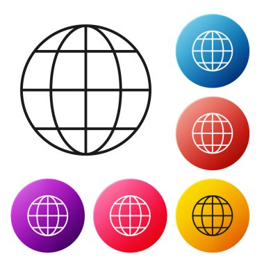 Siyah çizgi Dünya dünya simgesi beyaz arka plan üzerinde izole. Dünya veya Dünya işareti. Küresel internet sembolü. Geometrik şekiller. Simgeleri renkli daire düğmeleri ayarlayın. Vektör İllüstrasyonu