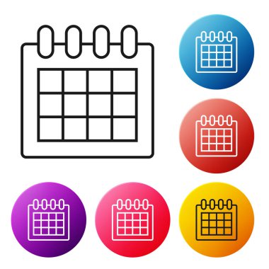 Beyaz arka planda yalıtılmış siyah çizgi Takvim simgesi. Olay hatırlatıcı sembolü. Simgeleri renkli daire düğmeleri ayarlayın. Vektör İllüstrasyonu