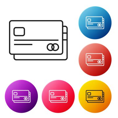 Siyah çizgi Kredi kartı simgesi beyaz arka planda yalıtılmış. Online ödeme. Nakit para çekme. Finansal operasyonlar. Alışveriş tabelası. Simgeleri renkli daire düğmeleri ayarlayın. Vektör İllüstrasyonu