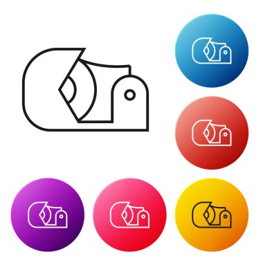 Siyah çizgi Scotch simgesi beyaz arka plan üzerinde izole. İş ve onarım için yapıştırıcı bant rulo. Yapışkan ambalaj bandı. Ofis aleti ve diğer şeyler. Simgeleri renkli daire düğmeleri ayarlayın. Vektör İllüstrasyonu