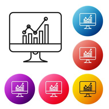 Siyah çizgi Grafik simgesi beyaz arka plan üzerinde izole ile Bilgisayar monitörü. Metin dosyası simgesini bildirin. Muhasebe işareti. Denetim, analiz, planlama. Simgeleri renkli daire düğmesine ayarlayın. Vektör İllüstrasyonu