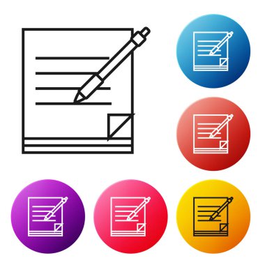 Siyah çizgi Boş dizüstü bilgisayar ve kalem simgesi beyaz arka planda yalıtılmış. Kağıt ve kalem. Simgeleri renkli daire düğmeleri ayarlayın. Vektör İllüstrasyonu