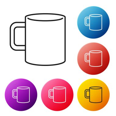 Siyah çizgi Kahve fincan düz simgesi beyaz arka plan üzerinde izole. Çay bardağı. Sıcak içecek kahve. Simgeleri renkli daire düğmeleri ayarlayın. Vektör İllüstrasyonu