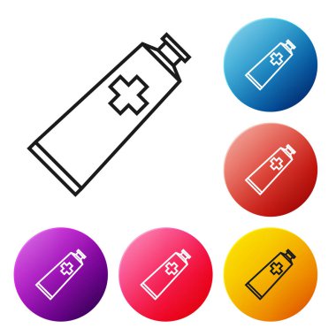 Siyah çizgi Merhem krem tüp ilaç simgesi beyaz arka plan üzerinde izole. Tüp, kap, diş macunu, krem işareti. Simgeleri renkli daire düğmeleri ayarlayın. Vektör İllüstrasyonu