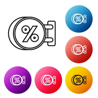 Siyah çizgi Tabela beyaz arka plan üzerinde izole bir yazıt indirim yüzdesi simgesi ile asılı. Bar, kafe, pub, restoran için uygundur. Simgeleri renkli daire düğmeleri ayarlayın. Vektör İllüstrasyonu