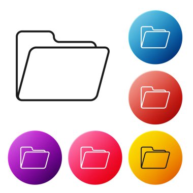 Beyaz arkaplanda siyah çizgi dosya klasörü simgesi izole edildi. Muhasebe klasörü sembolü. Muhasebe yönetimi. Renkli daire düğmelerini ayarlayın. Vektör İllüstrasyonu