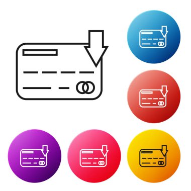 Siyah çizgi Kredi kartı simgesi beyaz arka planda yalıtılmış. Online ödeme. Nakit para çekme. Finansal operasyonlar. Alışveriş tabelası. Simgeleri renkli daire düğmeleri ayarlayın. Vektör İllüstrasyonu