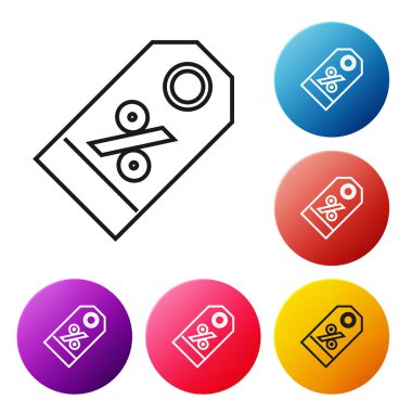 Siyah satır İndirim yüzdesi etiket simgesi beyaz arka planda yalıtılmış. Alışveriş etiketi işareti. Özel teklif işareti. İndirim kuponları sembolü. Simgeleri renkli daire düğmeleri ayarlayın. Vektör İllüstrasyonu