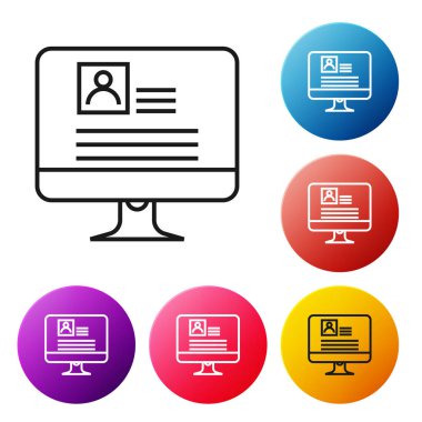 Beyaz arka plan üzerinde özgeçmiş simgesi olan siyah çizgi Bilgisayar monitörü. Cv başvurusu. Profesyonel personel aranıyor. Analiz personel devam. Simgeleri renkli daire düğmeleri ayarlayın. Vektör İllüstrasyonu