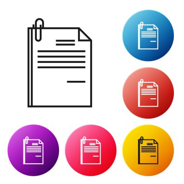 Siyah satır Dosya belgesi ve beyaz arka planda yalıtılmış ataş simgesi. Denetim listesi simgesi. İş konsepti. Simgeleri renkli daire düğmeleri ayarlayın. Vektör İllüstrasyonu