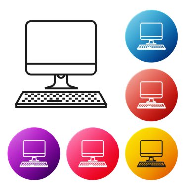 Beyaz arka planda yalıtılmış klavye simgesine sahip siyah çizgi Bilgisayar monitörü. Pc bileşen işareti. Simgeleri renkli daire düğmeleri ayarlayın. Vektör İllüstrasyonu