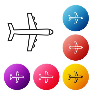 Siyah çizgi Düzlem simgesi beyaz arka planda yalıtılmış. Uçan uçak simgesi. Uçak işareti. Simgeleri renkli daire düğmeleri ayarlayın. Vektör İllüstrasyonu