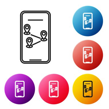 Beyaz arka planda yalıtılmış şehir haritası navigasyon simgesinin siyah çizgi Bilgi Grafiği. Mobil App Interface konsept tasarımı. Geolamcation kavramı. Simgeleri renkli daire düğmeleri ayarlayın. Vektör İllüstrasyonu