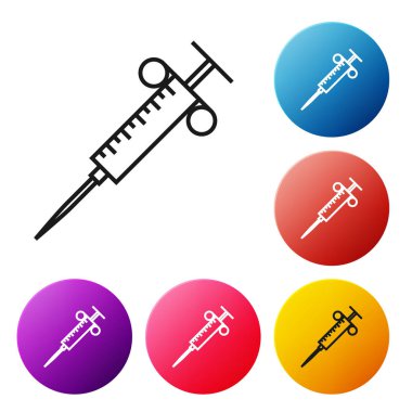 Siyah çizgi Şırınga simgesi beyaz arka planda izole. Aşı, aşı, enjeksiyon, grip aşısı için şırınga. Tıbbi ekipmanlar. Simgeleri renkli daire düğmeleri ayarlayın. Vektör İllüstrasyonu