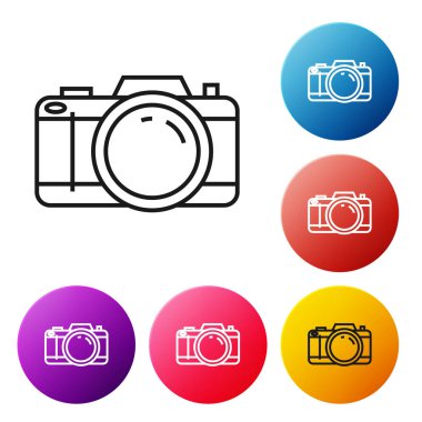 Siyah çizgi Fotoğraf kamerası simgesi beyaz arka planda yalıtılmış. Foto kamera simgesi. Simgeleri renkli daire düğmeleri ayarlayın. Vektör İllüstrasyonu