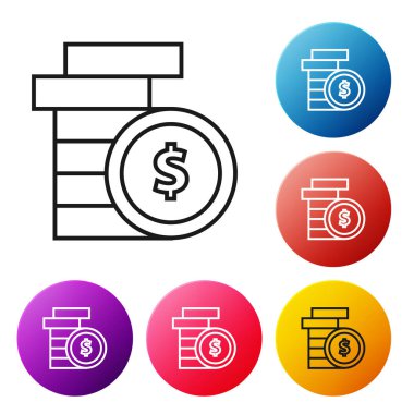 Beyaz arka planda izole dolar sembolü simgesi ile Siyah hat Sikke para. Bankacılık para birimi işareti. Nakit sembolü. Simgeleri renkli daire düğmeleri ayarlayın. Vektör İllüstrasyonu