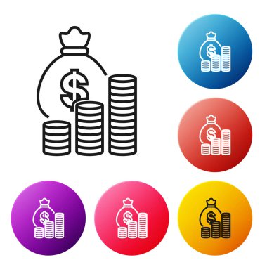 Siyah çizgi Para çantası ve sikke simgesi beyaz arka plan üzerinde izole. Dolar veya Usd sembolü. Nakit Bankacılık para birimi işareti. Simgeleri renkli daire düğmeleri ayarlayın. Vektör İllüstrasyonu