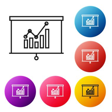 Grafik grafik simgesi beyaz arka planda yalıtılmış siyah çizgi Panosu. Metin dosyası simgesini bildirin. Muhasebe işareti. Denetim, analiz, planlama. Simgeleri renkli daire düğmeleri ayarlayın. Vektör İllüstrasyonu