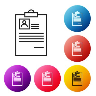 Beyaz arka planda yalıtılmış özgeçmiş simgesine sahip siyah çizgi Panosu. Cv başvurusu. Özgeçmiş, profil fotoğrafı ile iş başvuru formu. Simgeleri renkli daire düğmeleri ayarlayın. Vektör İllüstrasyonu