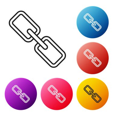 Siyah çizgi Zinciri bağlantı simgesi beyaz arka planda yalıtılmış. Bağlantı tek. Köprü zinciri sembolü. Simgeleri renkli daire düğmeleri ayarlayın. Vektör İllüstrasyonu