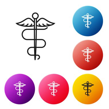 Siyah çizgi Caduceus yılan tıbbi sembol simgesi beyaz arka plan üzerinde izole. Tıp ve sağlık hizmetleri. Eczane veya ilaç, eczane için amblem. Simgeleri renkli daire düğmeleri ayarlayın. Vektör İllüstrasyonu