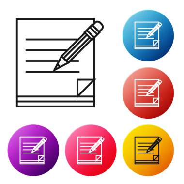 Siyah çizgi Boş defter ve beyaz arka plan üzerinde izole silgi simgesi ile kalem. Kağıt ve kalem. Simgeleri renkli daire düğmeleri ayarlayın. Vektör İllüstrasyonu