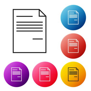 Beyaz arka planda yalıtılmış siyah çizgi Belge simgesi. Dosya simgesi. Denetim listesi simgesi. İş konsepti. Simgeleri renkli daire düğmeleri ayarlayın. Vektör İllüstrasyonu