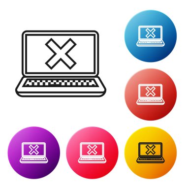 Siyah çizgi Laptop ve beyaz arka plan üzerinde ekran simgesi üzerinde çapraz işareti. Hata penceresi, çıkış düğmesi, iptal, 404 hata sayfası kavramı bulunamadı. Simgeleri renkli daire düğmeleri ayarlayın. Vektör İllüstrasyonu